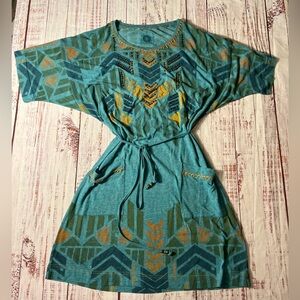 Double D Ranch Cotton Teal and Gold Patterned Midi Dress 23 inches pit to pit.